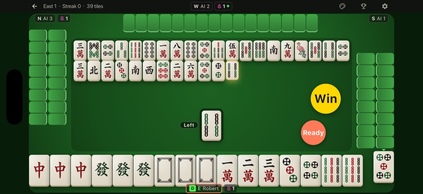 Taiwan Mahjong table mid-game, 16-tile hand with authentic Taiwanese tile faces