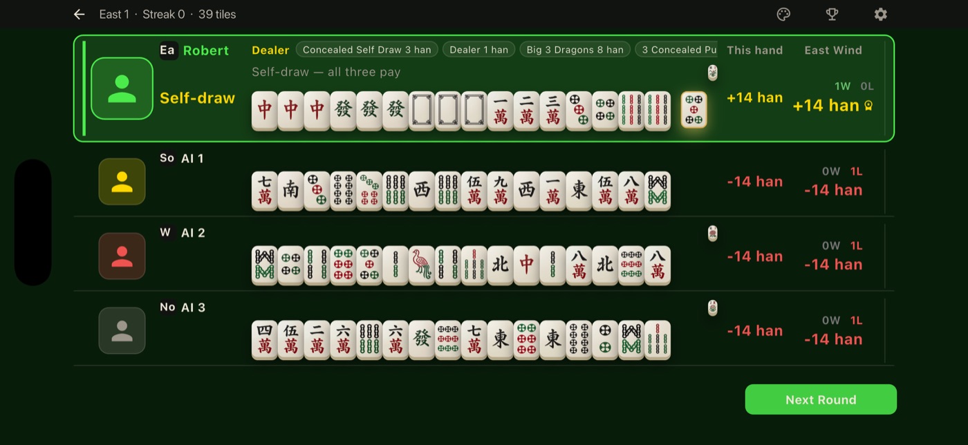 Settlement screen breaking a self-drawn winning hand into its han components