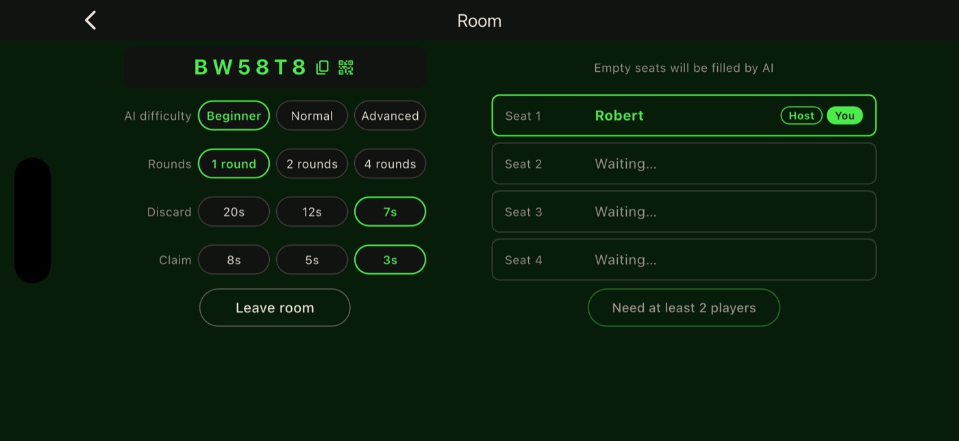 Room screen showing a room code, four seats and the host's AI, round and timer settings