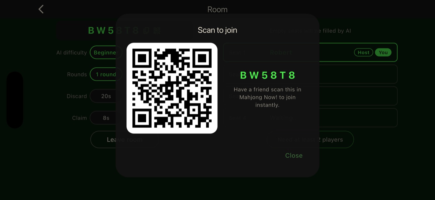 Room QR code dialog — a friend scans it to sit down instantly