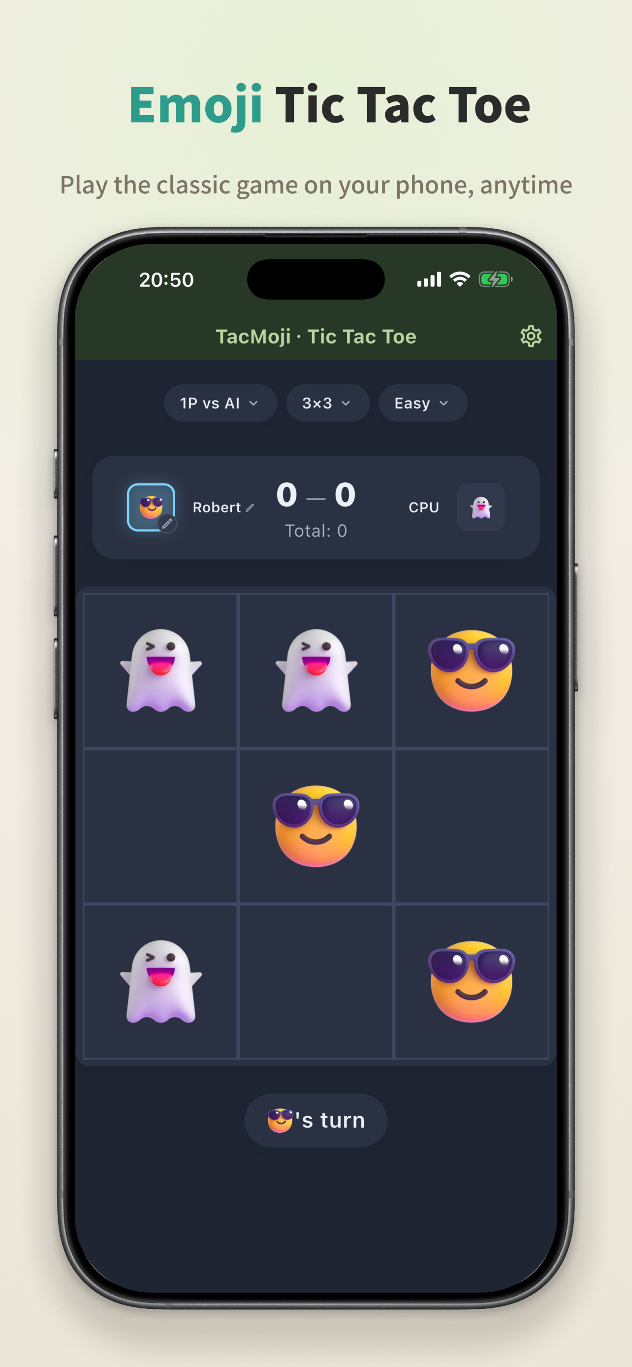 Emoji Tic Tac Toe gameplay screen with ghost and sunglasses emoji pieces