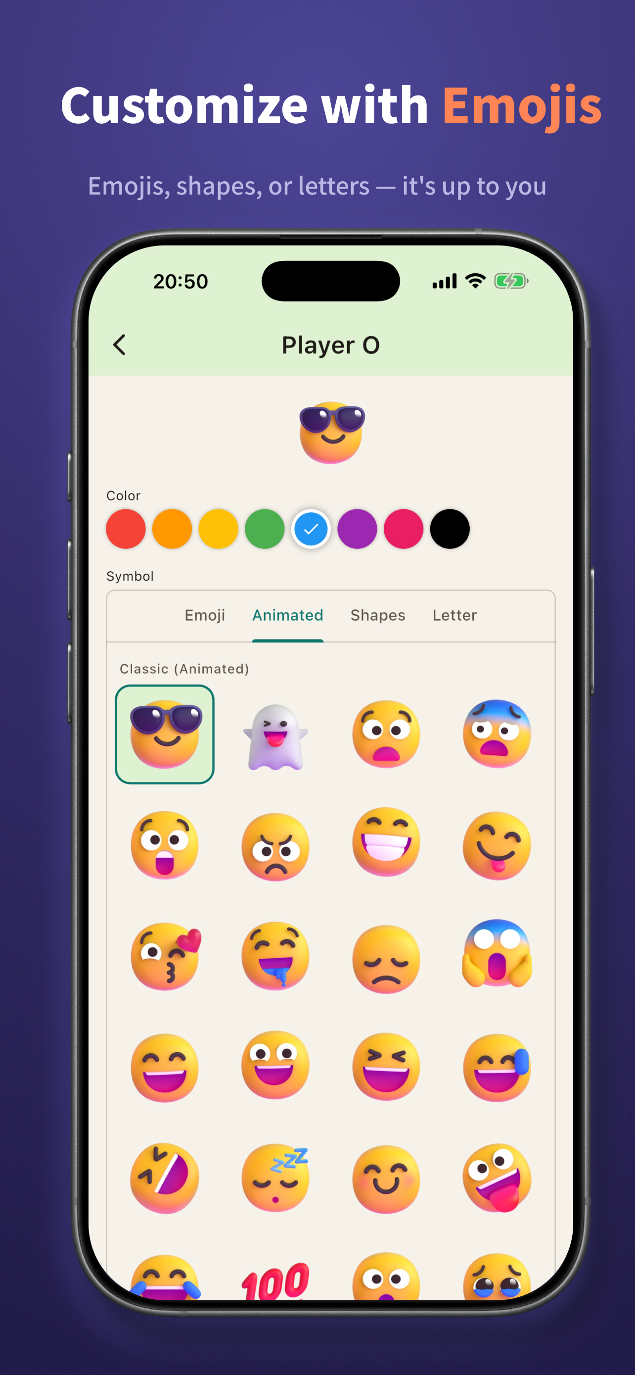Customize player pieces with animated emojis, colors, shapes, or letters