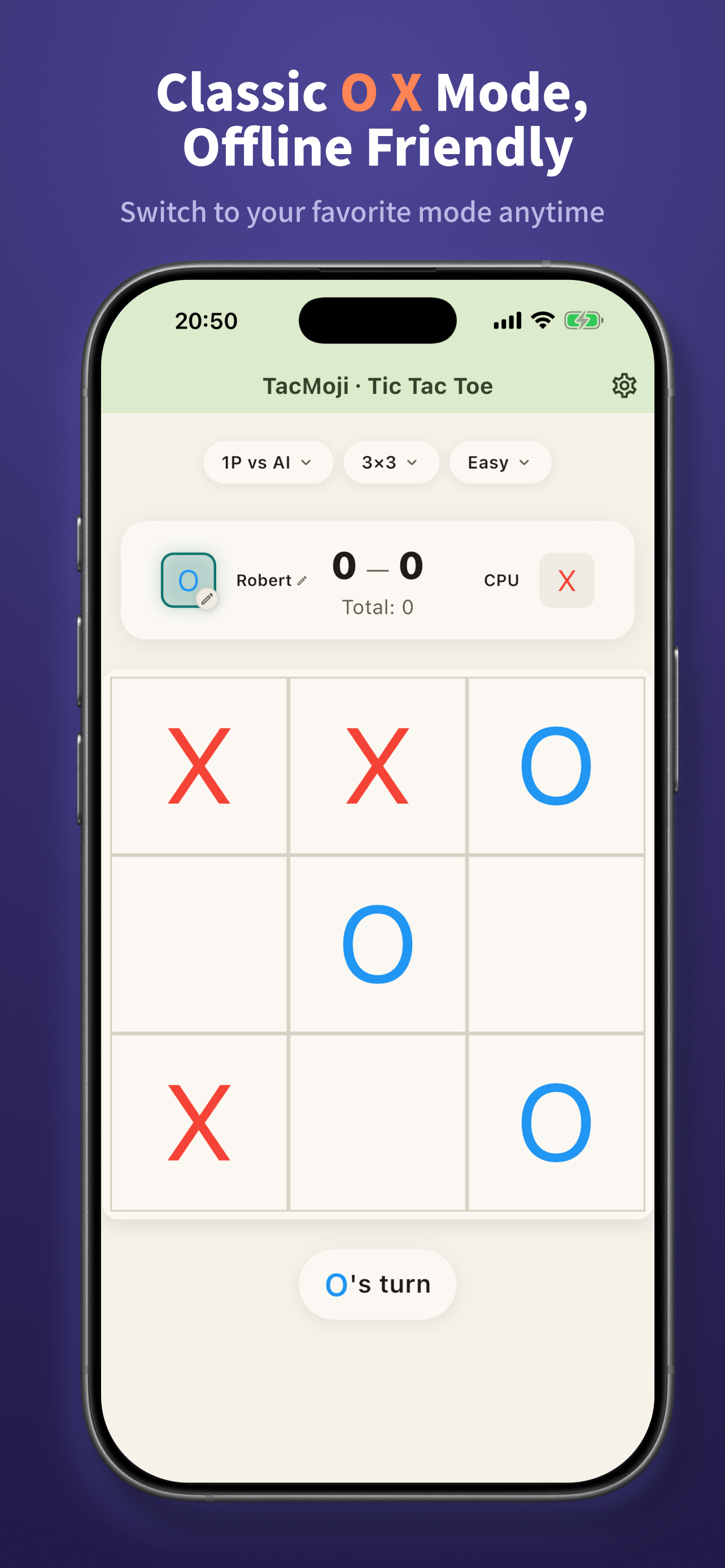 Classic O and X tic-tac-toe mode in light theme