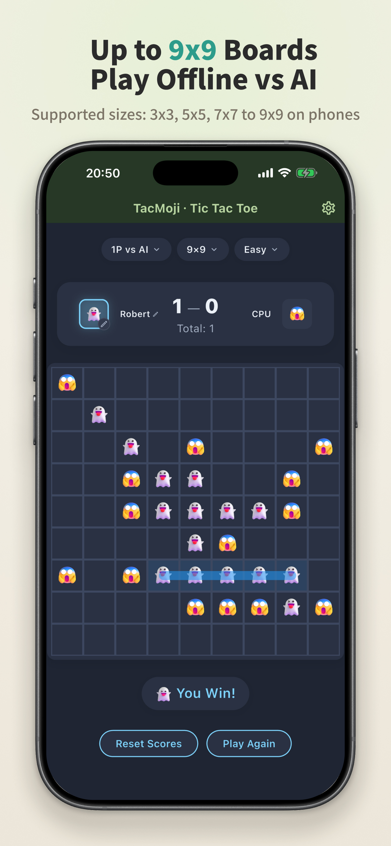 9 by 9 board game screen showing a winning line of ghost emoji pieces