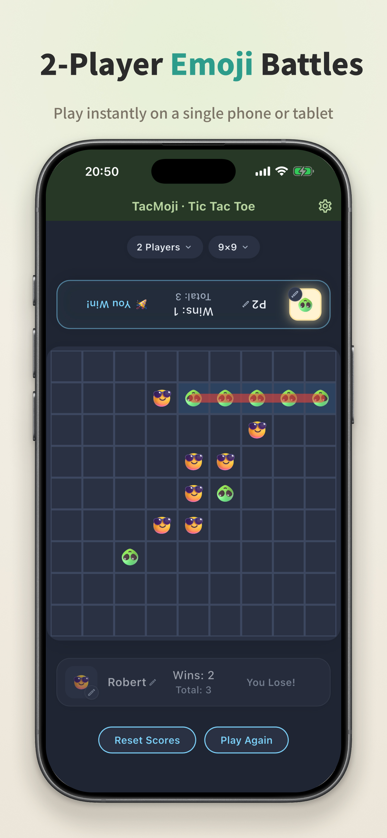 2-player local mode on a single device with rotated opponent UI for easy face-off