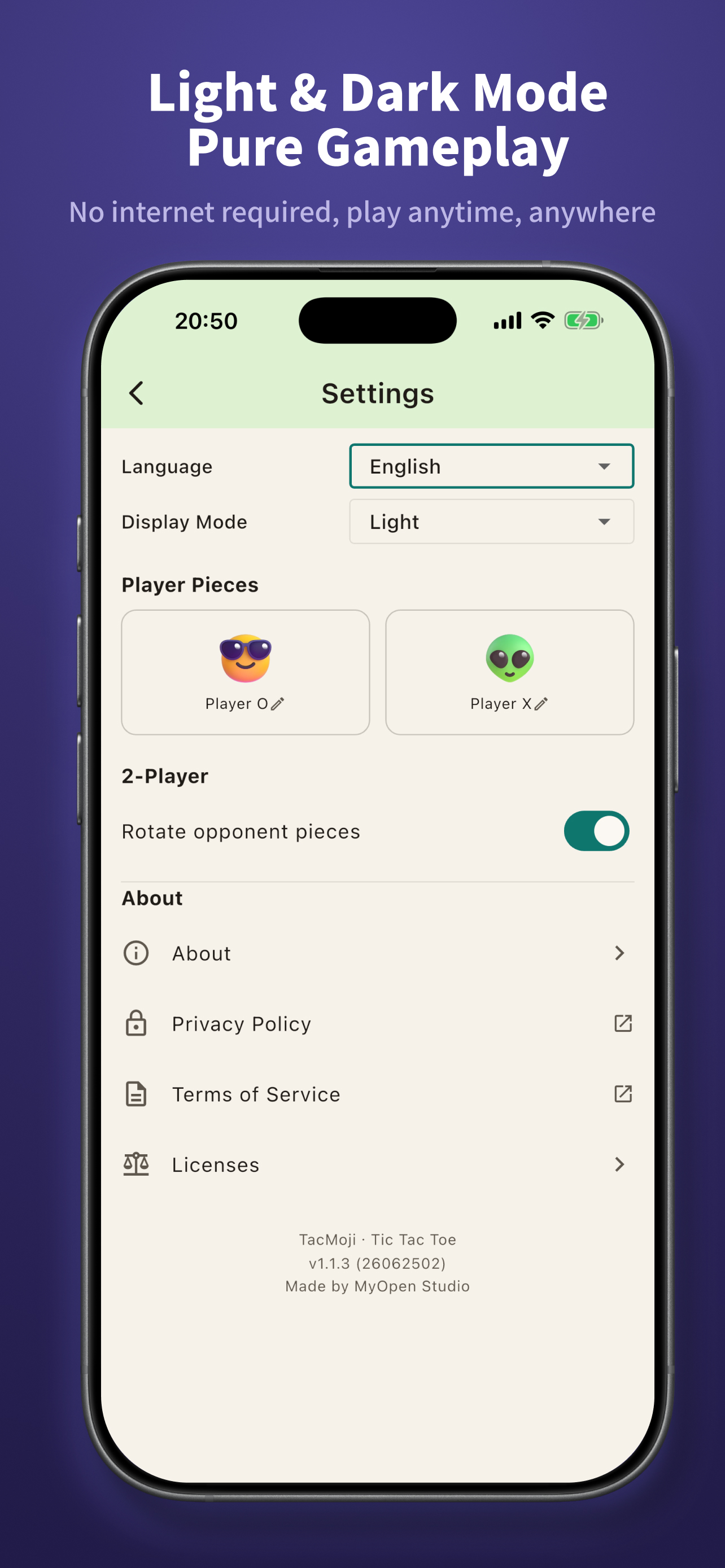 Settings screen with language, theme selection, and game configurations