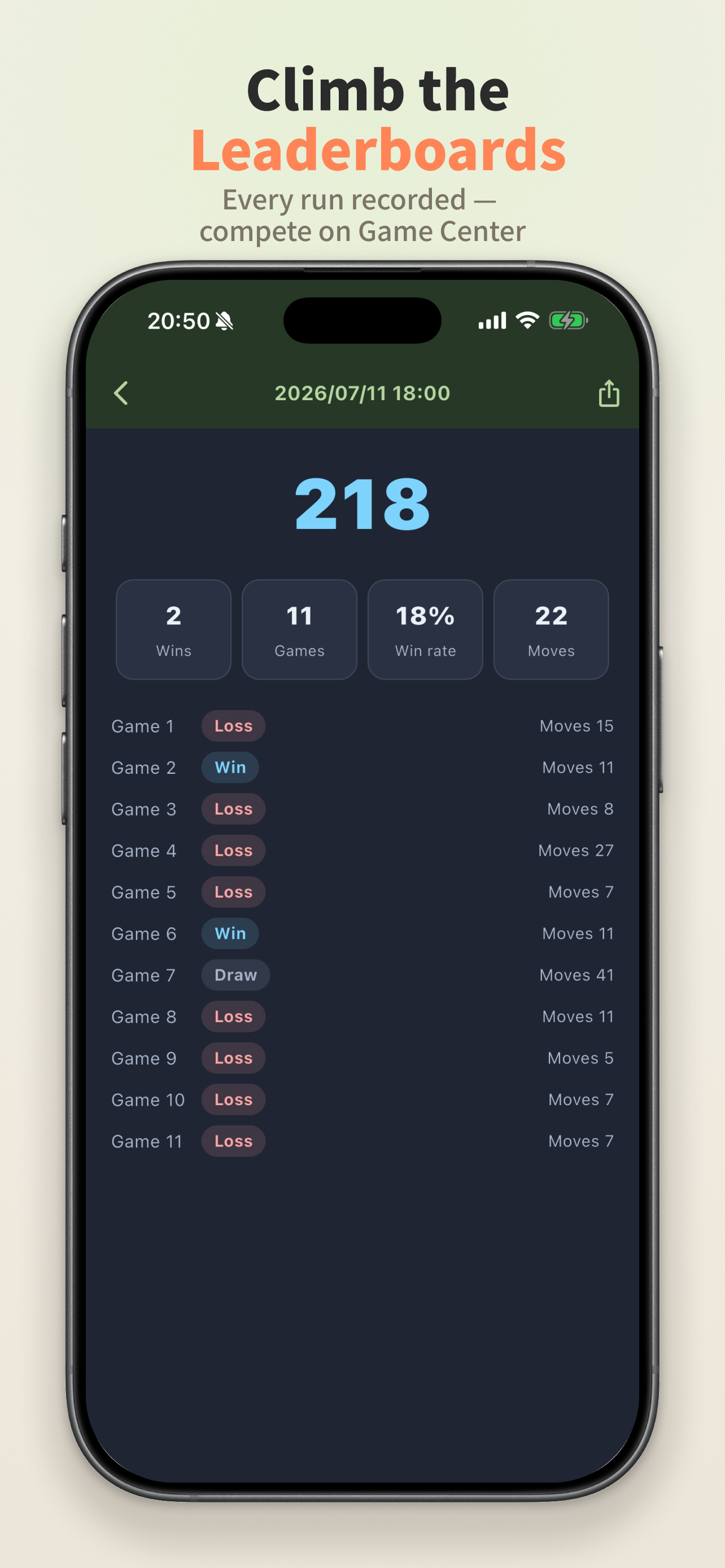 Challenge run detail listing every game as win, loss, or draw with move counts, recorded for Game Center leaderboards